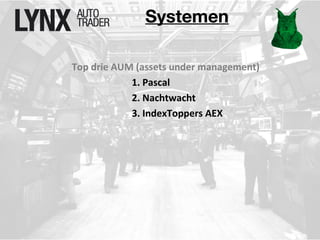 Systemen 
Top drie AUM (assets under management) 
1. Pascal 
2. Nachtwacht 
3. IndexToppers AEX 
 