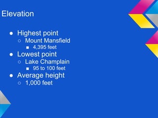 Elevation

  ● Highest point
    ○ Mount Mansfield
       ■ 4,395 feet
  ● Lowest point
    ○ Lake Champlain
       ■ 95 to 100 feet
  ● Average height
    ○ 1,000 feet
 
