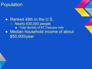 Population


  ● Ranked 49th in the U.S.
    ○ Nearly 630,000 people
       ■ Total density of 67.7/square mile
  ● Median household income of about
    $50,000/year
 
