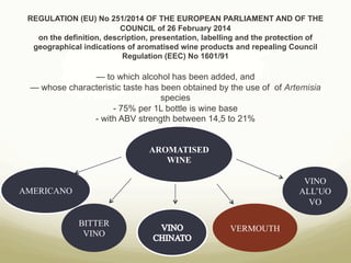 REGULATION (EU) No 251/2014 OF THE EUROPEAN PARLIAMENT AND OF THE
COUNCIL of 26 February 2014
on the definition, description, presentation, labelling and the protection of
geographical indications of aromatised wine products and repealing Council
Regulation (EEC) No 1601/91
— to which alcohol has been added, and
— whose characteristic taste has been obtained by the use of of Artemisia
species
- 75% per 1L bottle is wine base
- with ABV strength between 14,5 to 21%
AROMATISED
WINE
AMERICANO
VERMOUTH
VINO
ALL’UO
VO
BITTER
VINO
 