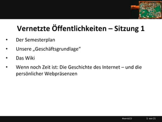 Vernetzte Öffentlichkeiten – Sitzung 1
•   Der Semesterplan
•   Unsere „Geschäftsgrundlage“
•   Das Wiki
•   Wenn noch Zeit ist: Die Geschichte des Internet – und die
    persönlicher Webpräsenzen




                                                    #vernö13    5 von 21
 