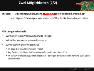 Zwei Möglichkeiten (2/2)

Ihr Ziel:   2 Leistungspunkte, mehr oder weniger viel Wissen in Ihrem Kopf
       … und eigene Erfahrungen, was vernetzte Öffentlichkeiten zu bieten haben




Die Lerngemeinschaft
• Wir hinterfragen Vorlesungsinhalte kritisch
• Wir teilen Konversationen mit anderen
• Wir tauschen unser Wissen aus
   • Im Saal: Durch Antworten auf Fragen
   • Auf Twitter, YouTube, in ihrem Blog oder anderswo: #vernö13
   • Im Wiki: Veranstaltungsseiten ergänzen – oder gar die Patenschaft für eine Wiki-Seite
     übernehmen



                                                                      #vernö13       8 von 21
 