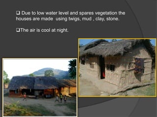  Due to low water level and spares vegetation the
houses are made using twigs, mud , clay, stone.
The air is cool at night.

 