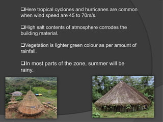 Here tropical cyclones and hurricanes are common
when wind speed are 45 to 70m/s.
High salt contents of atmosphere corrodes the
building material.
Vegetation is lighter green colour as per amount of
rainfall.

In most parts of the zone, summer will be
rainy.

 