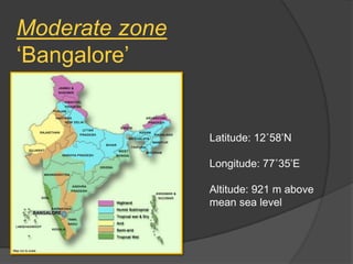 Moderate zone
‘Bangalore’

Latitude: 12˚58’N
Longitude: 77˚35’E
Altitude: 921 m above
mean sea level
BANGALORE

 