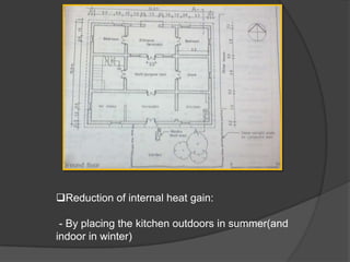Reduction of internal heat gain:
- By placing the kitchen outdoors in summer(and
indoor in winter)

 