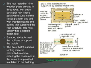 





The roof rested on nine
wooden posts erected in
three rows, with three
posts per row. These
posts were sunk into the
raised platform and tied
with wooden beams and
purlins that supported the
roof structure. The huts
usually had a gabled
thatch roof.
Bamboo sticks formed
the mullions to support
the thatch.
The thick thatch used as
roofing material
prevented rain from
entering the house and at
the same time provided
insulation to the building.

Typical hut construction.

 