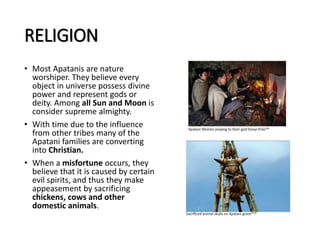 RELIGION
• Most Apatanis are nature
worshiper. They believe every
object in universe possess divine
power and represent gods or
deity. Among all Sun and Moon is
consider supreme almighty.
• With time due to the influence
from other tribes many of the
Apatani families are converting
into Christian.
• When a misfortune occurs, they
believe that it is caused by certain
evil spirits, and thus they make
appeasement by sacrificing
chickens, cows and other
domestic animals.
 