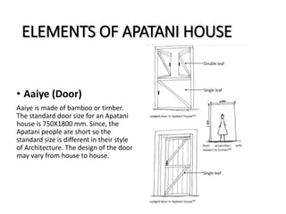 ELEMENTS OF APATANI HOUSE
• Aaiye (Door)
Aaiye is made of bamboo or timber.
The standard door size for an Apatani
house is 750X1800 mm. Since, the
Apatani people are short so the
standard size is different in their style
of Architecture. The design of the door
may vary from house to house.
 