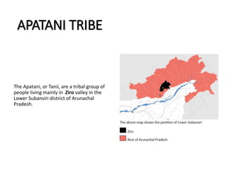 APATANI TRIBE
The Apatani, or Tanii, are a tribal group of
people living mainly in Ziro valley in the
Lower Subansiri district of Arunachal
Pradesh.
 