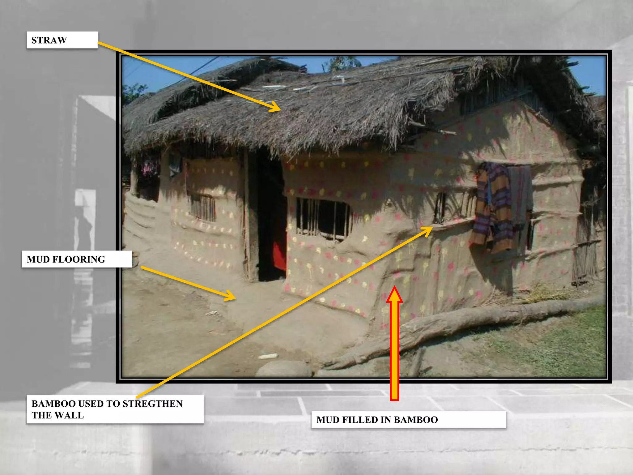 MUD FILLED IN BAMBOO
STRAW
BAMBOO USED TO STREGTHEN
THE WALL
MUD FLOORING
 