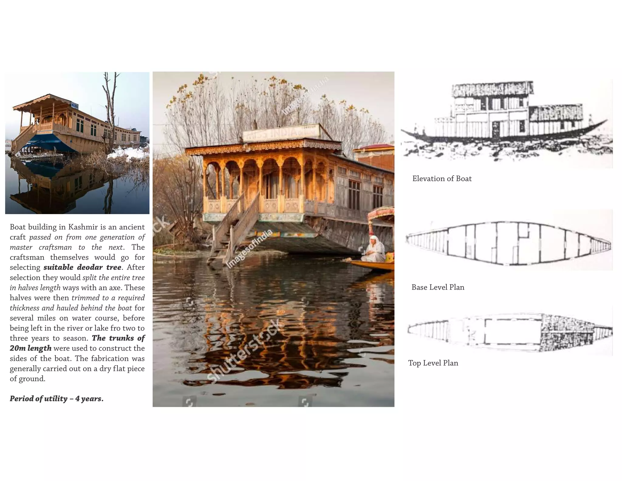 Boat building in Kashmir is an ancient
craft passed on from one generation of
master craftsman to the next. The
craftsman themselves would go for
selecting suitable deodar tree. After
selection they would split the entire tree
in halves length ways with an axe. These
halves were then trimmed to a required
thickness and hauled behind the boat for
several miles on water course, before
being left in the river or lake fro two to
three years to season. The trunks of
20m length were used to construct the
sides of the boat. The fabrication was
generally carried out on a dry flat piece
of ground.
Period of utility – 4 years.
Top Level Plan
Base Level Plan
Elevation of Boat
 