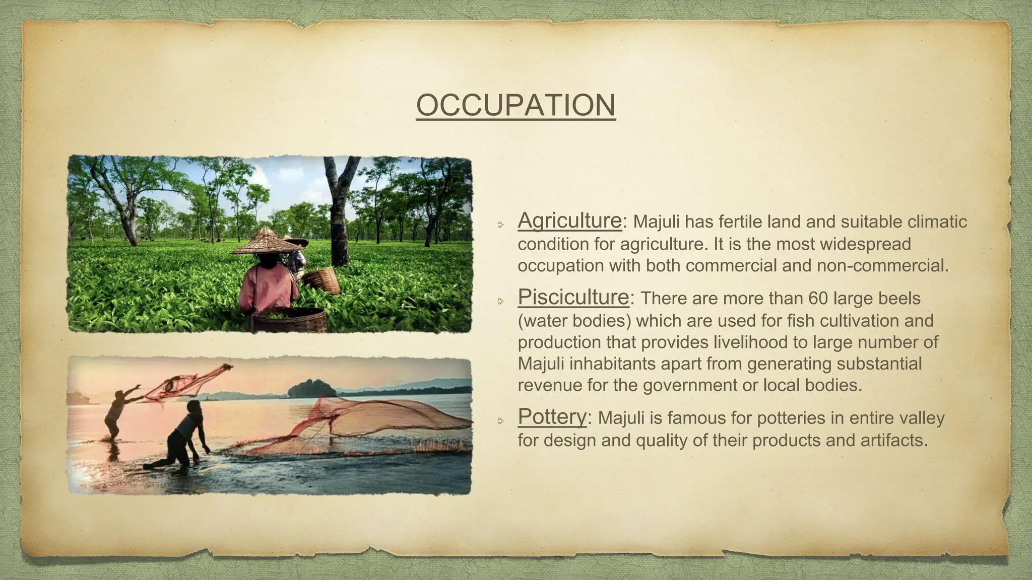 OCCUPATION
Agriculture: Majuli has fertile land and suitable climatic
condition for agriculture. It is the most widespread
occupation with both commercial and non-commercial.
Pisciculture: There are more than 60 large beels
(water bodies) which are used for fish cultivation and
production that provides livelihood to large number of
Majuli inhabitants apart from generating substantial
revenue for the government or local bodies.
Pottery: Majuli is famous for potteries in entire valley
for design and quality of their products and artifacts.
 