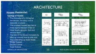 Typology of Houses
• The character of a Himachal
vernacular, the story unit is
basically a cuboid
• The smallest houses are two or
three layers stacked in two or
three levels (ground, first and
second floor)
• The size of the house increases by
placing cuboids side by side and
then extending up three levels
• Single Cuboid
Double Cuboid
Triple Cuboid
ARCHITECTURE
VERNACULAR ARCHITECTURE 15 INDO GLOBAL COLLEGE OF ARCHITECTURE
Houses (Residential)
 