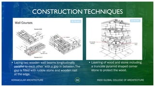 VERNACULAR ARCHITECTURE 32 INDO GLOBAL COLLEGE OF ARCHITECTURE
• Laying two wooden wall beams longitudinally
parallel to each other with a gap in between.The
gap is filled with rubble stone and wooden nail
at the edge.
• Layering of wood and stone including
a truncate pyramid shaped corner
stone to protect the wood.
CONSTRUCTION TECHNIQUES
Wall Courses
 