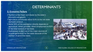 VERNACULAR ARCHITECTURE
DETERMINANTS
•Tourism is the major contributor to the state’s
economy and growth.
•Agriculture contributes about 9.4% to the net state
domestic product.
•About 90% of the population directly depends on
agriculture, which provides direct employment to 62%
of the total workers of the state.
•Hydropower is also one of the major sources of
income generation for the state because of the
number of perennial rivers.
INDO GLOBAL COLLEGE OF ARCHITECTURE9
3. Economic Factors
 