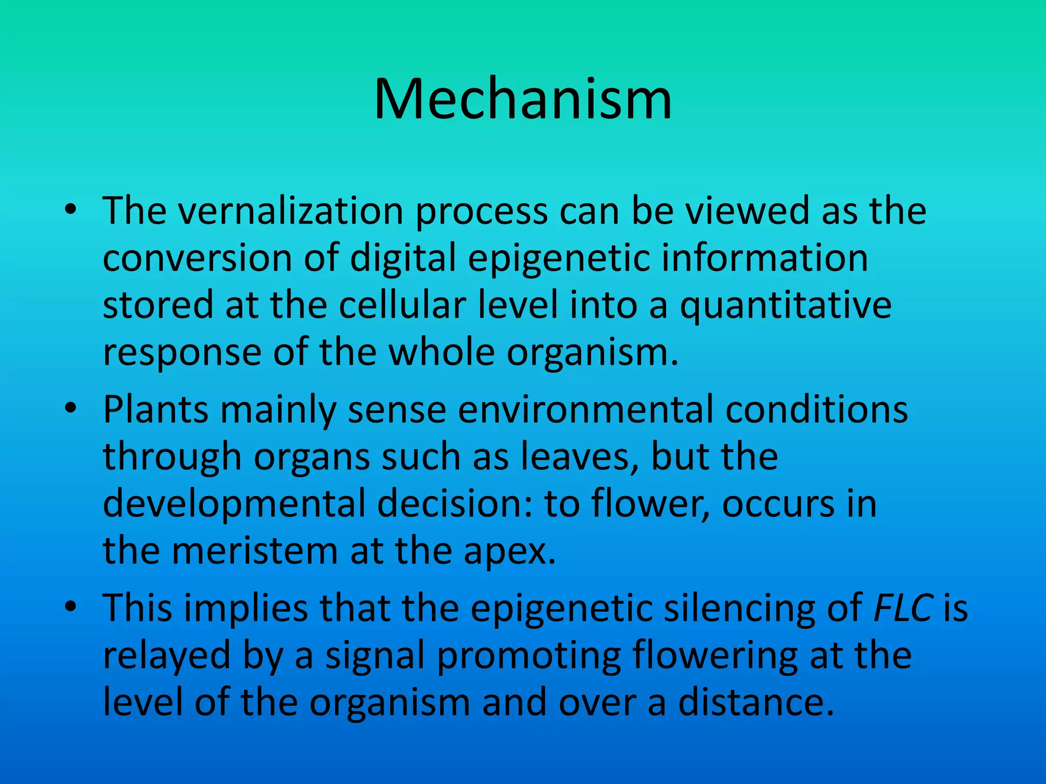 Mechanism
• The vernalization process can be viewed as the
conversion of digital epigenetic information
stored at the cellular level into a quantitative
response of the whole organism.
• Plants mainly sense environmental conditions
through organs such as leaves, but the
developmental decision: to flower, occurs in
the meristem at the apex.
• This implies that the epigenetic silencing of FLC is
relayed by a signal promoting flowering at the
level of the organism and over a distance.
 
