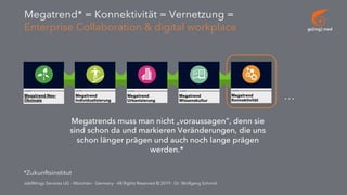 go[ing] mad
addWings Services UG - München - Germany - All Rights Reserved © 2019 - Dr. Wolfgang Schmid
Megatrend* = Konnektivität = Vernetzung =
Enterprise Collaboration & digital workplace
*Zukunftsinstitut
…
Megatrends muss man nicht „voraussagen”, denn sie
sind schon da und markieren Veränderungen, die uns
schon länger prägen und auch noch lange prägen
werden.*
 