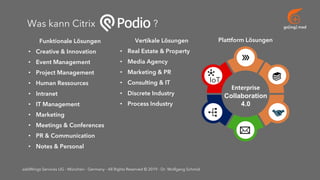 go[ing] mad
addWings Services UG - München - Germany - All Rights Reserved © 2019 - Dr. Wolfgang Schmid
Funktionale Lösungen
• Creative & Innovation
• Event Management
• Project Management
• Human Ressources
• Intranet
• IT Management
• Marketing
• Meetings & Conferences
• PR & Communication
• Notes & Personal
Plattform Lösungen
Was kann Citrix ?
Enterprise
Collaboration
4.0
IoT
Vertikale Lösungen
• Real Estate & Property
• Media Agency
• Marketing & PR
• Consulting & IT
• Discrete Industry
• Process Industry
 