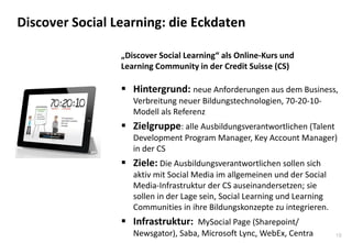 19
Discover Social Learning: die Eckdaten
„Discover Social Learning“ als Online-Kurs und
Learning Community in der Credit ...