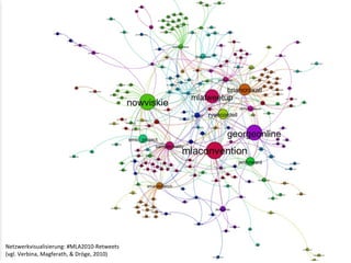 Netzwerkvisualisierung:	
  #MLA2010-­‐Retweets	
  
(vgl.	
  Verbina,	
  Magferath,	
  &	
  Dröge,	
  2010)
 