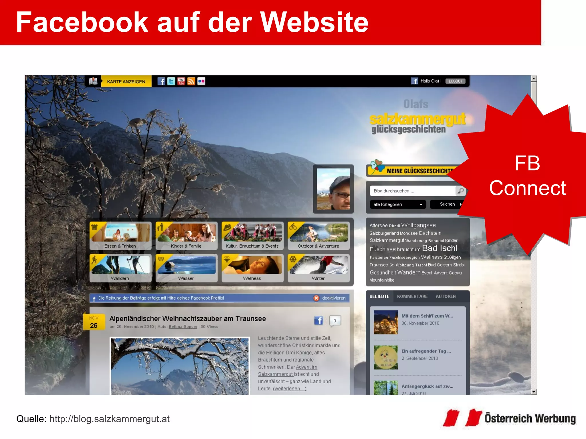 Facebook auf der Website Quelle:  http://blog.salzkammergut.at   FB Connect 