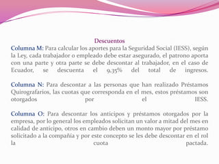 Descuentos
Columna M: Para calcular los aportes para la Seguridad Social (IESS), según
la Ley, cada trabajador o empleado debe estar asegurado, el patrono aporta
con una parte y otra parte se debe descontar al trabajador, en el caso de
Ecuador, se descuenta el 9,35% del total de ingresos.
Columna N: Para descontar a las personas que han realizado Préstamos
Quirografarios, las cuotas que corresponda en el mes, estos préstamos son
otorgados por el IESS.
Columna O: Para descontar los anticipos y préstamos otorgados por la
empresa, por lo general los empleados solicitan un valor a mitad del mes en
calidad de anticipo, otros en cambio deben un monto mayor por préstamo
solicitado a la compañía y por este concepto se les debe descontar en el rol
la cuota pactada.
 