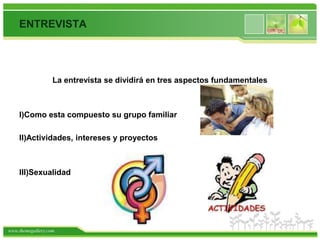 ENTREVISTA




                   La entrevista se dividirá en tres aspectos fundamentales



    I)Como esta compuesto su grupo familiar

    II)Actividades, intereses y proyectos



    III)Sexualidad




www.themegallery.com
 