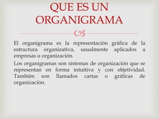 QUE ES UN
        ORGANIGRAMA
                       
El organigrama es la representación gráfica de la
estructura organizativa, usualmente aplicados a
empresas u organización.
Los organigramas son sistemas de organización que se
representan en forma intuitiva y con objetividad.
También son llamados cartas o gráficas de
organización.
 