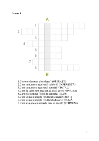 7
*Anexa 1
1.Ce sunt adunarea și scăderea? (OPERAȚII)
2.Cum se numește rezultatul scăderii? (DIFERENȚĂ)
3.Cum se numește rezultatul adunării?(TOTAL)
4.Cum ne verificăm dacă am calculat corect? (PROBA)
5.Care este semnul folosit la adunare? (PLUS)
6.Cum se mai numește rezultatul scăderii? (REST)
7.Cum se mai numește rezultatul adunării? (SUMĂ)
8.Cum se numesc numerele care se adună? (TERMENI)
 