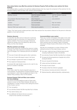 How various factors may affect Your premium for Business Property, Theft and Glass cover sections (for Home
Building)
The following table is a guide to the significant additional factors that may impact the component of Your premium for the
Business Property, Theft and Glass cover sections (Home Building).

  Factor                                         Lowers Premium                                Increases Premium
 Building materials                             More fire resistant materials                 Less fire resistant materials
                                                (e.g. concrete)                               (e.g. wood)
 Fire protection (Business Property cover       More Protection                               Less protection
 section only)                                  (e.g. sprinkler system)
 Location                                       Low risk location                             High risk location
 Number of Premises*                            Fewer premises                                More premises
 Security (Theft cover section only)            More security systems                         Less security

* Note: if You have insured multiple premises under these sections You may receive a discount on the premium otherwise
payable to insure each premises.


Premium discounts                                                   Commercial Motor cover section:
At times We may offer premium discounts to particular               There are a number of Excesses which apply to this cover
customers as part of a promotion or to take account of              section. The amount of each Excess (other than the basic
market conditions. The amount and type of discounts                 Excess) is shown in the Commercial Motor cover section
offered can change at any time before You take out this             Policy wording under the heading ‘Types of Excesses’.
Policy, or at Your next renewal.                                    The amount of basic Excess will be shown on Your Policy
                                                                    Schedule.
Why Your premium can change
                                                                    We take into consideration a number of factors when
Each time You renew Your insurance Your premium is likely
                                                                    setting the amount of Your basic Excess, such as:
to change, even if Your personal or business circumstances
have not changed. This is because premiums are affected             ▼	 the make, model and type of Vehicle being insured,
by:                                                                    including modifications made to the Vehicle;
▼	 the cost of claims We have paid to other customers;              ▼	 any voluntary Excess that We may allow You to choose;
▼	 the cost of claims We expect to pay in the future;               ▼	 the age and driving experience of people who will be
                                                                       driving the Vehicle;
▼	 any changes in government taxes or charges; and
                                                                    ▼	 the sum insured of the Vehicle;
▼	 Our expense of doing business.
                                                                    ▼	 where and how the Vehicle is used;
At renewal, We might decide to pass on all, or part of, any
premium increase or decrease.                                       ▼	 the type of cover chosen;
                                                                    ▼	 the place where Your Vehicle is garaged;
Excesses
If You make a claim You may be required to pay one or               ▼	 Your previous insurance and claims history and
more excesses. The descriptions of these excesses and the
                                                                    ▼	 Optional benefits, additional benefits, endorsements.
circumstances in which they are applied are shown in the
relevant Policy wording in Part 4 of this booklet.

Business Property, Theft and Glass cover sections
(for Home Building):
The amount of Excess applying to each of these cover
sections is shown on Your Policy Schedule. We take into
consideration a number of factors when setting the amount
of Your Excess, such as:
▼	 Your occupation;
▼	 any voluntary Excess that We may allow You to choose;
   
▼	 Your claims history; and
▼	 any additional risk factors that are unusual or
   unique to Your business circumstances.




                                                               ix
 