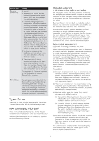 Word or Term     Meaning                                           Method of settlement
 Contents         5.	 Money;
                                                                    – reinstatement or replacement value
 (continued)                                                        We will pay the cost of rebuilding, replacing or repairing
                  6.	ewellery, furs, bullion, articles
                     j
                                                                    any damaged part of Your Business Property to the same
                     containing gold and silver which
                                                                    condition as when they were new or, where appropriate,
                     are not Stock and which exceed
                                                                    in accordance with the ‘Output replacement’ clause set
                     $10,000 any one item;
                                                                    out below.
                  7 Contents undergoing erection,
                   .	
                     construction, alteration or addition           Business Property may be rebuilt or erected at another
                                                                    location and in a manner suitable to You provided You pay
                     (including the partial dismantlement
                                                                    any additional costs to build or erect elsewhere.
                     of existing structures), where the
                     total contract value of all work to            If the Business Property is lost or damaged You must
                     be carried out at any one Business             commence to rebuild, replace or repair within a
                     Premises exceeds $500,000 or                   reasonable time of the loss or damage, after Our consent
                     20% of the total sum insured on                has been obtained. If You do not, We will pay no more
                     Buildings and Contents, whichever              than the cost that would have been incurred if the work
                     is the lesser, provided that this limit        of rebuilding, replacement or reinstatement has been
                     shall apply only to the portion of             commenced and carried out with reasonable dispatch.
                     the Business Premises or Business
                     Property which is the subject of               Extra cost of reinstatement
                     any such work and not to any other             (Applicable to Buildings, machinery and plant).
                     portion of the Business Property;
                                                                    Where ‘Reinstatement or replacement’ basis of settlement
                  8.	and, dams, bridges, canals,
                     l                                              is shown in the Policy Schedule, this cover section extends
                     roadways, tunnels, railway tracks              to include the extra cost of reinstatement (including
                     (not at the Situation), wharves,               demolition or dismantling) of damaged property insured
                     docks and piers;                               necessarily incurred to comply with the requirements of
                  9.	 atercraft, Aircraft or any
                     W                                              any Act of Parliament or Regulation made under an Act
                     accessories, equipment or spare                or By law or the Regulation of any Municipal or Statutory
                     parts whilst contained in or on                Authority, subject to the following provisions and subject
                     these items unless they are Stock              also to the terms, conditions and sums insured of this
                     and are on Your Business Premises              cover section.
                     at the time of any loss or damage.             Provided that:
                  This definition of ‘Contents’ is subject          (a)	 the work of reinstatement, must be commenced and
                  to the ‘Designation of property’                       carried out within a reasonable period, failing which
                  General Policy condition.                              We will not pay more than the amount which would
                                                                         have been payable under the Policy if the work of
 Market Value     the estimated amount for which the                     reinstatement had been commenced and carried out
                                                                         with reasonable dispatch;
                  Business Property should exchange
                  immediately before the damage,                    (b)	 The work of reinstatement may be carried out wholly
                  between a willing buyer and a willing                  or partially upon any other site, if the requirements of
                  seller in an arms-length transaction,                  the Act, Regulation or By-law necessitate it, subject to
                  after proper marketing, wherein the                    Our liability not being increased;
                  parties had each acted knowledgeably,
                                                                    (c)	 Our total liability under this clause ‘Extra cost of
                  prudently and without compulsion.                      reinstatement’ will be limited to:
                                                                    	   (i)	 sub limit of liability shown in the current Policy
                                                                            the
Types of cover                                                              Schedule for ‘Extra cost of reinstatement’ which
                                                                            shall be in addition to the sum insured; or
The scope of cover provided is explained in the clauses
                                                                    	   (ii)	 no such sub-limit of liability is stated, and the
                                                                             if
‘Defined events cover’ and ‘Accidental damage cover’.
                                                                             damage is less than fifty percent (50%) of the
                                                                             Replacement Cost of the Buildings or Contents,
How We will pay Your claim                                                   Our liability shall be limited to the extra cost
                                                                             necessarily incurred in reinstating the damaged
There are two methods of paying Your claims. They are
                                                                             Business Property only;
‘reinstatement or replacement value’ and ‘indemnity value’.
                                                                    (d)	 the amount recoverable shall not include the additional
The claim payment method You are covered for is shown
                                                                         costs incurred with complying with any such Act,
on the current Policy Schedule.                                          Regulation or By-law or requirement with which You
                                                                         have been required to comply prior to the happening
                                                                         of the damage.
                                                                    The underinsurance condition of the Business Property
                                                                    cover section of the Policy will not be applied to the
                                                                    amount payable under this clause.



                                                               11
 