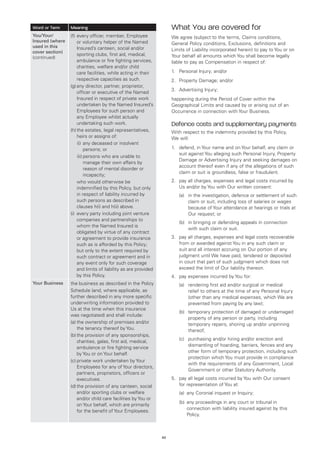 Word or Term     Meaning                                            What You are covered for
You/Your/        (f)	 very officer, member, Employee
                     e                                              We agree (subject to the terms, Claims conditions,
Insured (where       or voluntary helper of the Named               General Policy conditions, Exclusions, definitions and
used in this         Insured’s canteen, social and/or
cover section)                                                      Limits of Liability incorporated herein) to pay to You or on
                     sporting clubs, first aid, medical,            Your behalf all amounts which You shall become legally
(continued)
                     ambulance or fire fighting services,           liable to pay as Compensation in respect of:
                     charities, welfare and/or child
                     care facilities, while acting in their         1.	 Personal Injury; and/or
                     respective capacities as such.                 2.	 Property Damage; and/or
                 (g)	 ny director, partner, proprietor,
                     a
                                                                    3.	 Advertising Injury;
                     officer or executive of the Named
                     Insured in respect of private work             happening during the Period of Cover within the
                     undertaken by the Named Insured’s              Geographical Limits and caused by or arising out of an
                     Employees for such person and                  Occurrence in connection with Your Business.
                     any Employee whilst actually
                     undertaking such work.                         Defence costs and supplementary payments
                 (h)	 he estates, legal representatives,
                     t                                              With respect to the indemnity provided by this Policy,
                     heirs or assigns of:                           We will:
                     (i)	 ny deceased or insolvent
                          a
                          persons; or                               1.	 defend, in Your name and on Your behalf, any claim or
                                                                        suit against You alleging such Personal Injury, Property
                     (ii)	 ersons who are unable to
                          p
                                                                        Damage or Advertising Injury and seeking damages on
                          manage their own affairs by
                                                                        account thereof even if any of the allegations of such
                          reason of mental disorder or
                                                                        claim or suit is groundless, false or fraudulent.
                          incapacity;
                 	  who would otherwise be                         2.	 pay all charges, expenses and legal costs incurred by
                     indemnified by this Policy, but only               Us and/or by You with Our written consent:
                     in respect of liability incurred by            	   (a)	 the investigation, defence or settlement of such
                                                                            in
                     such persons as described in                           claim or suit, including loss of salaries or wages
                     clauses h(i) and h(ii) above.                          because of Your attendance at hearings or trials at
                 (i)	
                     every party including joint venture                    Our request; or
                     companies and partnerships to
                                                                    	   (b)	 bringing or defending appeals in connection
                                                                            in
                     whom the Named Insured is
                                                                            with such claim or suit.
                     obligated by virtue of any contract
                     or agreement to provide insurance              3.	 pay all charges, expenses and legal costs recoverable
                     such as is afforded by this Policy;                from or awarded against You in any such claim or
                     but only to the extent required by                 suit and all interest accruing on Our portion of any
                     such contract or agreement and in                  judgment until We have paid, tendered or deposited
                     any event only for such coverage                   in court that part of such judgment which does not
                     and limits of liability as are provided            exceed the limit of Our liability thereon.
                     by this Policy.                                4.	 pay expenses incurred by You for:
Your Business    the business as described in the Policy            	   (a)	
                                                                            rendering first aid and/or surgical or medical
                 Schedule (and, where applicable, as                        relief to others at the time of any Personal Injury
                 further described in any more specific                     (other than any medical expenses, which We are
                 underwriting information provided to                       prevented from paying by any law);
                 Us at the time when this insurance
                                                                    	   (b)	
                                                                            temporary protection of damaged or undamaged
                 was negotiated) and shall include:
                                                                            property of any person or party, including
                 (a)	 he ownership of premises and/or
                     t                                                      temporary repairs, shoring up and/or unpinning
                     the tenancy thereof by You.                            thereof;
                 (b)	 he provision of any sponsorships,
                     t
                                                                    	   (c)	
                                                                            purchasing and/or hiring and/or erection and
                     charities, galas, first aid, medical,
                                                                            dismantling of hoarding, barriers, fences and any
                     ambulance or fire fighting service
                                                                            other form of temporary protection, including such
                     by You or on Your behalf.
                                                                            protection which You must provide in compliance
                 (c)	 rivate work undertaken by Your
                     p
                                                                            with the requirements of any Government, Local
                     Employees for any of Your directors,
                                                                            Government or other Statutory Authority.
                     partners, proprietors, officers or
                     executives.                                    5.	 pay all legal costs incurred by You with Our consent
                 (d)	 he provision of any canteen, social
                     t                                                  for representation of You at:
                     and/or sporting clubs or welfare               	   (a)	 any Coronial inquest or Inquiry;
                     and/or child care facilities by You or
                                                                    	   (b)	 ny proceedings in any court or tribunal in
                                                                            a
                     on Your behalf, which are primarily
                                                                            connection with liability insured against by this
                     for the benefit of Your Employees.
                                                                            Policy.



                                                               43
 