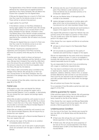 The Agreed Value of Your Vehicle includes accessories           t	
                                                                      authorise only the use of manufacturer’s approved
    defined as Your vehicle plus any agreed accessory                  parts if Your Vehicle is under warranty, but not
    specified on Your Policy Schedule. We will deduct any              when the Vehicle has an extended warranty or for
    Excess that is payable from the Agreed Value.                      windscreen replacement;
	   If We pay the Agreed Value as a result of a Total Loss          t	
                                                                      only pay the Market Value of damaged parts We
    then Your cover for the Vehicle comes to an end.                   consider to be obsolete;
    There will be no refund of the premium.
                                                                    t	
                                                                      replace damaged windscreen or window glass with
c)	 Legal Liability Fire and Theft                                     glass which may not be produced by the original
	   If the Vehicle is shown on the Policy Schedule as                  manufacturer but will meet Australian Design Rules;
    having Legal Liability Fire and Theft cover, We will pay        t	
                                                                      guarantee the quality of materials and workmanship in
    You the Market Value or sum insured shown on Your                  respect of the repairs for the life of the Vehicle.
    Policy Schedule for Your Vehicle, whichever is less.
                                                                    Any repairer We authorise to repair Your Vehicle may sub-
    The Market Value of Your Vehicle includes accessories
                                                                    contract some of the repairs to a person of their choice.
    defined as Your Vehicle plus any agreed accessory
                                                                    This will usually occur when the repairer is unable to
    specified on Your schedule. We will deduct any Excess
                                                                    perform the repairs itself.
    that is payable.
                                                                    If You choose Your own repairer and We do not authorise
	   If We pay the Agreed Value as a result of a Total Loss
                                                                    repairs, we:
    then Your cover for the Vehicle comes to an end.
    There will be no refund of the premium.                         t	 pay an amount equal to the Reasonable Repair
                                                                      will
                                                                       Costs; and
Your Vehicle, including any unexpired premium,
registration and Compulsory Third Party insurance,                  t	 not provide any guarantee for the quality of
                                                                      will
becomes Our property when We pay You for the Total                     materials and workmanship in respect of the repairs.
Loss.
                                                                    We are not responsible for the costs which occur because
If another party (eg. a bank) is shown as having an                 of delays in delivery of parts. If a part is not available in
interest on Your Policy Schedule and Your Vehicle is a Total        Australia, We will pay the cost of surface freight from the
Loss, We pay them (instead of You) what You oWe them                nearest reasonable source of supply.
up to the amount You are entitled to under this Policy. If
                                                                    You are responsible for the cost of any air-conditioning
this amount is less than the full amount payable under
                                                                    refit, re-gas or modification required by law.
the Policy, We pay You the balance.
                                                                    You may have to contribute to the cost of replacing
If You make a claim and another party is entitled to the
                                                                    or repairing tyres, engines, accessories, paintwork,
salvage of Your Vehicle, We will pay You or them the
                                                                    bodywork, radiators, batteries, interior trims, or caravan
sum insured shown on the Policy Schedule, less Our
                                                                    annexes affected by wear and tear or rust and corrosion.
estimate of the salvage value, less any Excess and unpaid
                                                                    How much You are required to pay will depend on how
premium.
                                                                    worn We consider these items were when the damage
For an example of how We settle a total loss claim, see             happened.
page 80 of this PDS.
                                                                    We will subtract any Excess that may apply.
Partial Loss                                                        For an example of how We settle a partial loss claim see
If We agree to pay a claim and decide Your Vehicle                  page 81 of this PDS
is a Partial Loss, We can arrange the repairs with a
Recommended Repairer if one is available, or alternatively          Lifetime guarantee for repairs
You can choose Your own repairer and arrange repairs                If We authorise repairs for Your Vehicle, We will guarantee
with them.                                                          the repairs against any defect due to workmanship or
                                                                    faulty material for the life of Your Vehicle.
Where We are able to provide You with access to one of
Our Recommended Repairers, We will offer You a choice               If You choose Your own repairer and We pay Reasonable
if there is more than one in Your area. However, We may             Repair Costs instead of authorising repairs, We will not
only be able to nominate one Recommended Repairer if                provide a lifetime guarantee for the repairs.
there are no others available.
Where We are unable to provide You with access to one               Underinsurance Condition
of Our Recommended Repairers, We will require You to                If at the time of the Event, Your Vehicle was insured for
choose Your own repairer.                                           less than 80% of its Market Value and We decide Your
                                                                    Vehicle is:
If We authorise repairs with a Recommended Repairer or
Your own repairer We will:                                          t	 Total Loss; We will pay the sum insured of the
                                                                      A
                                                                       Vehicle specified in the Policy Schedule.
t	
  authorise the repair of Your Vehicle to its condition
    immediately before the Event;                                   t	 Partial Loss, We will pay the same proportion of
                                                                      A
                                                                       the loss as the sum insured specified in the Policy
t	
  authorise only the use of new parts or genuine parts
                                                                       Schedule bears to 80% of the Market Value of the
    which are consistent with the age or condition of Your
                                                                       insured Vehicle.
    Vehicle;


                                                               68
 