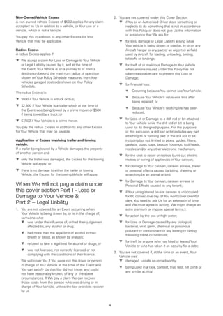 Non-Owned Vehicle Excess                                            2.	 You are not covered under this Cover Section:
A non-owned vehicle Excess of $500 applies for any claim            	 t	 You or an Authorised Driver does something or
                                                                            if
accepted by Us in relation to a vehicle, or Your use of a                   neglects to do something that is not in accordance
vehicle, which is not a Vehicle.                                            with this Policy or does not give Us the information
                                                                            or assistance that We ask for;
You pay this in addition to any other Excess for Your
Vehicle that may be applicable.                                     	   t	 loss, damage or Legal Liability arising while
                                                                           for
                                                                            Your vehicle is being driven or used at, in or on any
Radius Excess                                                               Aircraft hangar or any part of an airport or airfield
A radius Excess applies if:                                                 used by Aircraft for loading, unloading, taxiing,
                                                                            takeoffs or landings;
t	 accept a claim for Loss or Damage to Your Vehicle
  We
    or Legal Liability caused by it, and at the time of             	   t	 theft of or malicious Damage to Your Vehicle
                                                                           for
    the Event, Your Vehicle is on a journey to or from a                    when anyone insured under this Policy has not
    destination beyond the maximum radius of operation                      taken reasonable care to prevent this Loss or
    shown on Your Policy Schedule measured from Your                        Damage;
    vehicles garaged postcode shown on Your Policy
                                                                    	   t	 financial loss:
                                                                           for
    Schedule.
                                                                    	   	   t	Occurring because You cannot use Your Vehicle;
The radius Excess is:
                                                                    	   	   t	Because Your Vehicle’s value was less after
t	
  $500 if Your Vehicle is a truck or bus;
                                                                                 being repaired; or
t	
  $2,500 if Your Vehicle is a trailer which at the time of
                                                                    		      t	Because Your Vehicle’s working life has been
    the Event was being towed by a prime mover or $500
                                                                                 reduced;
    if being towed by a truck; or
                                                                    	   t	 Loss of or Damage to a drill rod or bit attached
                                                                           for
t	 ,500 if Your Vehicle is a prime mover.
  $7
                                                                            to Your vehicle while the drill rod or bit is being
You pay the radius Excess in addition to any other Excess                   used for its designed purpose. For the purposes
for Your Vehicle that may be payable.                                       of this exclusion, a drill rod or bit includes any part
                                                                            attaching to or forming part of the drill rod or bit
Application of Excess involving trailer and towing                          including but not limited to pipes, guides, filters,
vehicle.                                                                    gaskets, plugs, caps, beacon housings, tool heads,
If a trailer being towed by a Vehicle damages the property                  nozzles and/or any other electronic mechanism;
of another person and:
                                                                    	   t	 the cost to repair or replace burnt out electric
                                                                           for
t	
  only the trailer was damaged, the Excess for the towing                   motors or wiring of appliances in Your caravan;
    Vehicle will apply; or
                                                                    	   t	 Damage to Your caravan, caravan annexe, trailer
                                                                           for
t	
  there is no damage to either the trailer or towing                        or personal effects caused by biting, chewing or
    Vehicle, the Excess for the towing Vehicle will apply.                  scratching by an animal or bird;
                                                                    	   t	 Damage to Your caravan, caravan annexe or
                                                                           for
When We will not pay a claim under                                          Personal Effects caused by any tenant;
this cover section Part 1 - Loss or                                 	   t	 Your unregistered on-site caravan is unoccupied
                                                                           if
Damage to Your Vehicle                                                     for 60 consecutive day. (If You want cover over 60
                                                                            days, You need to ask Us for an extension of time
Part 2 – Legal Liability                                                    and We must agree in writing. We might charge an
1.	You are not covered for an Event occurring when                         extra premium or impose special terms.);
    Your Vehicle is being driven by, or is in the charge of,
                                                                    	   t	 action by the sea or high water;
                                                                           for
    someone who:
	 t	   was under the influence of, or had their judgement          	   t	 Loss or Damage caused by any biological,
                                                                           for
        affected by, any alcohol or drug;                                   bacterial, viral, germ, chemical or poisonous
                                                                            pollutant or contaminant or any looting or rioting
	   t	had more than the legal limit of alcohol in their
                                                                            following these occurrences;
        breath or blood, as shown by analysis;
                                                                    	   t	 theft by anyone who has hired or leased Your
                                                                           for
	   t	refused to take a legal test for alcohol or drugs; or
                                                                            Vehicle or who has taken it as security for a debt;
	   t	was not licensed, not correctly licensed or not
                                                                    3.	
                                                                       You are not covered if, at the time of an event, Your
        complying with the conditions of their licence.
                                                                       Vehicle was:
	We will cover You if You were not the driver or person            	 t	  damaged, unsafe or unroadworthy;
  in charge of Your Vehicle at the time of the Event and
                                                                    	   t	being used in a race, contest, trial, test, hill climb or
  You can satisfy Us that You did not know, and could
                                                                            any similar activity;
  not have reasonably known, of any of the above
  circumstances. If We pay a claim We can recover
  those costs from the person who was driving or in
  charge of Your Vehicle, unless the law prohibits recover
  by us.



                                                               78
 