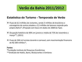 Verão da Bahia 2011/2012

Estatística do Turismo - Temporada de Verão
 Fluxo de 6,5 milhões de visitantes, sendo 3 milhões de brasileiros e
  estrangeiros de outros estados e 3,5 milhões de baianos viajando pela
  própria Bahia*; (Projeção com base em dados de 2008 da Fipe).

 Ocupação hoteleira de 90% em janeiro e média de 75% de novembro a
  março**; (2011)

 Fluxo de 500 mil turistas durante o carnaval, com movimentação financeira
  de R$ 500 milhões*;

Fontes
*Fundação Instituto de Pesquisas Econômicas
**Sindicato de Hotéis, Bares, Restaurantes e Similares
 