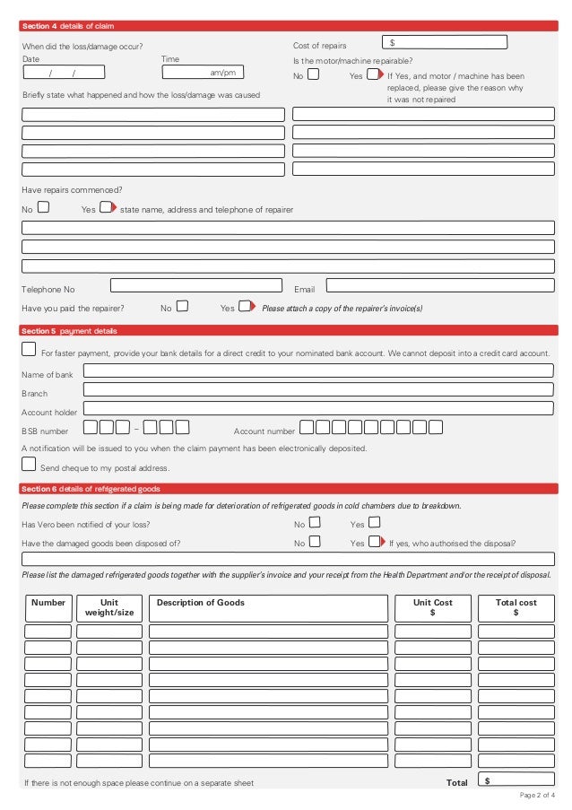 Vero Machinery Breakdown Claim Form