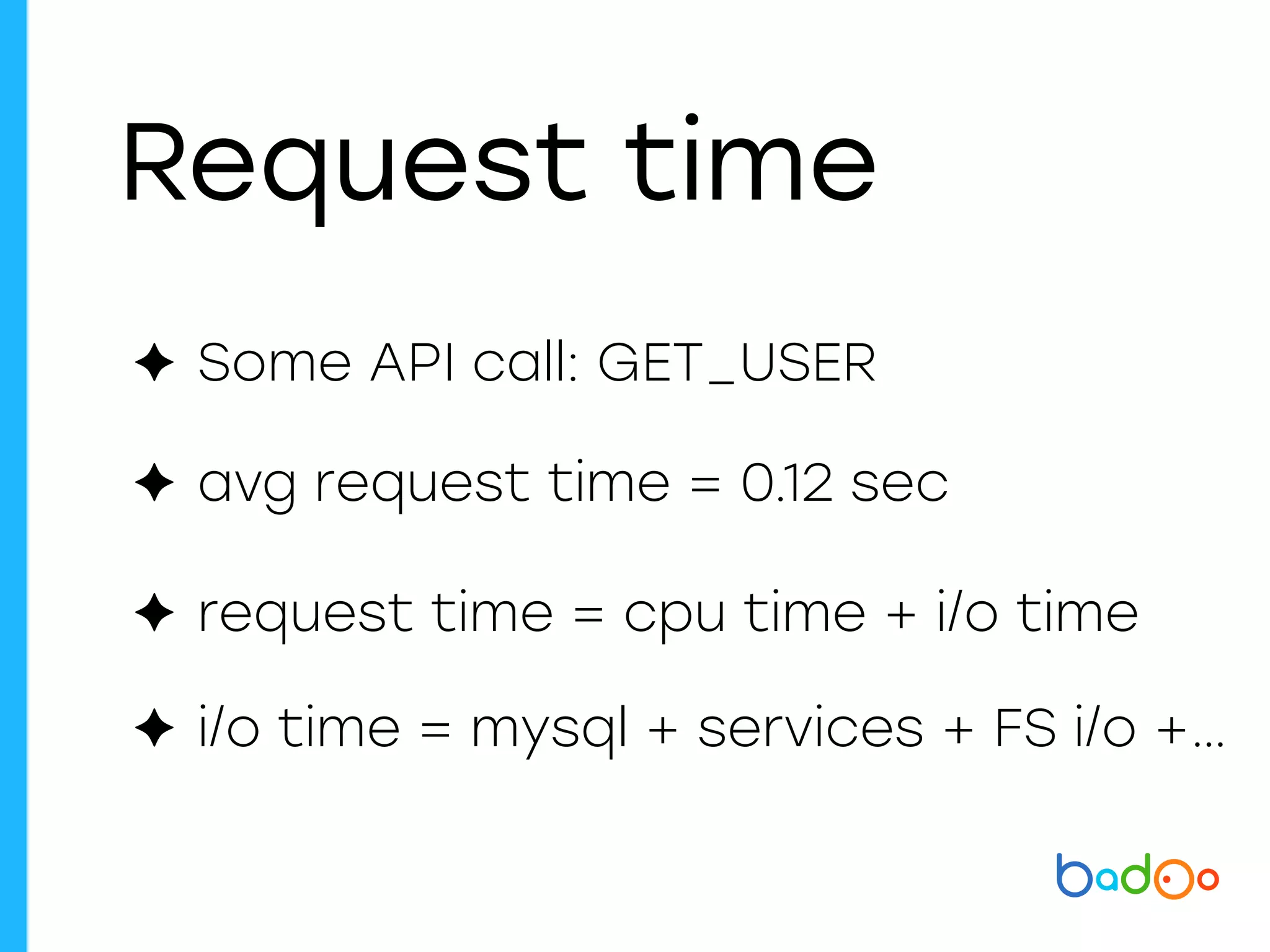 Request time
✦ Some API call: GET_USER
✦ avg request time = 0.12 sec
✦ request time = cpu time + i/o time
✦ i/o time = mysql + services + FS i/o +…
 