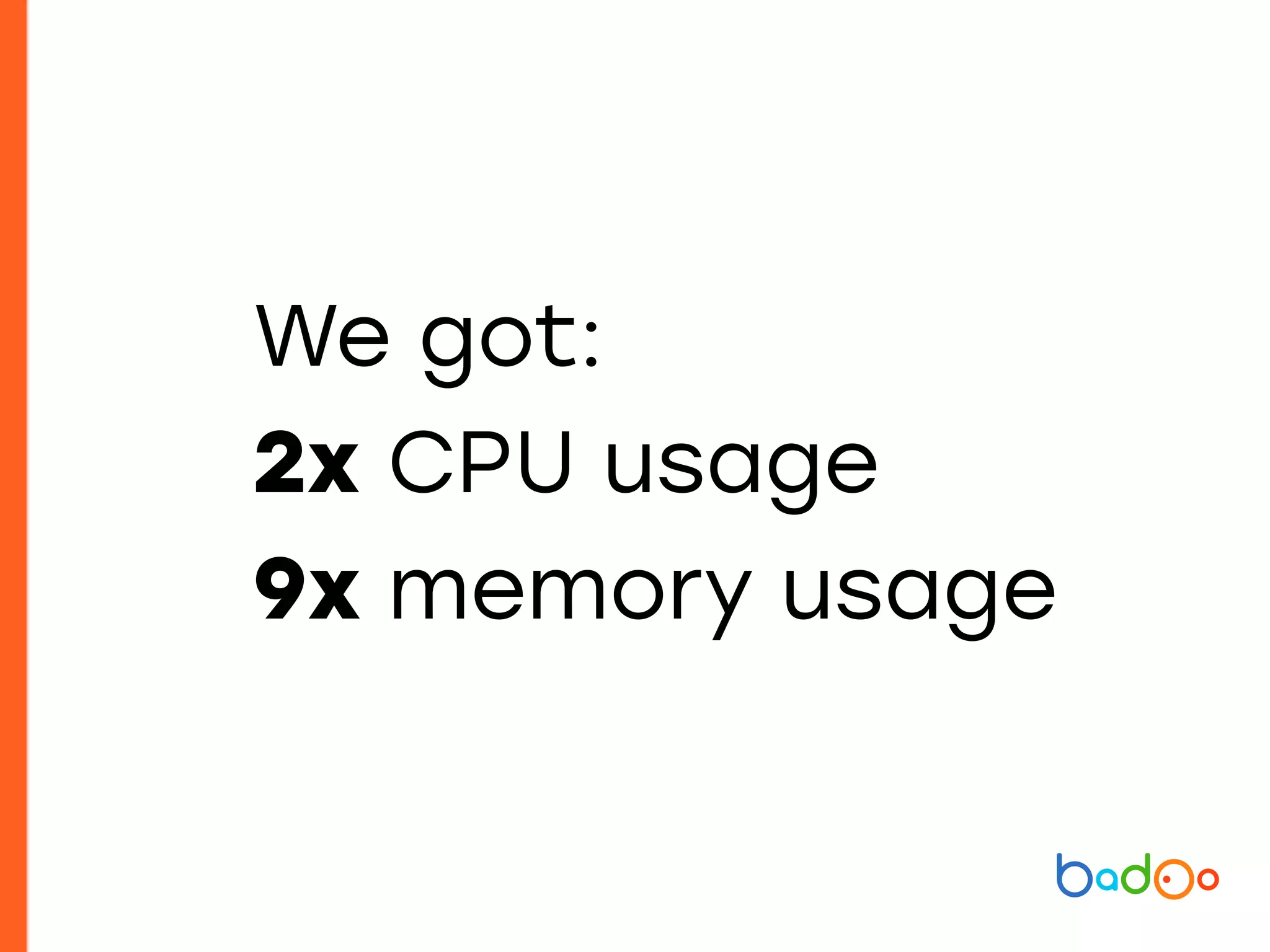 We got:
2x CPU usage
9x memory usage
 
