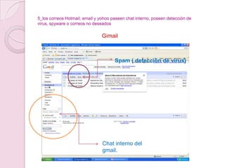 5_los correos Hotmail, email y yohoo paseen chat interno, poseen detección de virus, spyware o correos no deseadosGimailSpam ( detección de virus)Chat interno del gmail. 