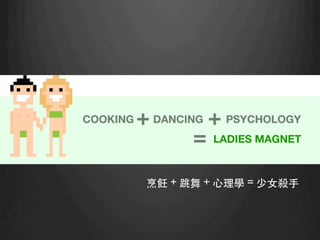 烹飪 + 跳舞 + ⼼心理學 = 少⼥女殺⼿手	
 