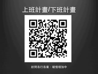 上班計畫/下班計畫	
訪問各⾏行各業，緩慢增加中	
 