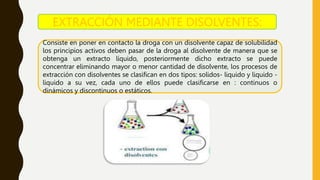 EXTRACCIÓN MEDIANTE DISOLVENTES:
Consiste en poner en contacto la droga con un disolvente capaz de solubilidad
los principios activos deben pasar de la droga al disolvente de manera que se
obtenga un extracto líquido, posteriormente dicho extracto se puede
concentrar eliminando mayor o menor cantidad de disolvente, los procesos de
extracción con disolventes se clasifican en dos tipos: solidos- liquido y liquido -
liquido a su vez, cada uno de ellos puede clasificarse en : continuos o
dinámicos y discontinuos o estáticos.
 