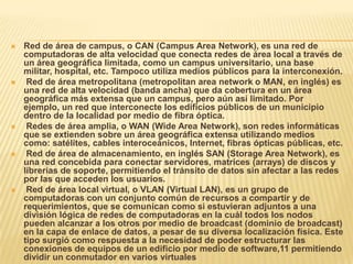    Red de área de campus, o CAN (Campus Area Network), es una red de
    computadoras de alta velocidad que conecta redes de área local a través de
    un área geográfica limitada, como un campus universitario, una base
    militar, hospital, etc. Tampoco utiliza medios públicos para la interconexión.
    Red de área metropolitana (metropolitan area network o MAN, en inglés) es
    una red de alta velocidad (banda ancha) que da cobertura en un área
    geográfica más extensa que un campus, pero aún así limitado. Por
    ejemplo, un red que interconecte los edificios públicos de un municipio
    dentro de la localidad por medio de fibra óptica.
    Redes de área amplia, o WAN (Wide Area Network), son redes informáticas
    que se extienden sobre un área geográfica extensa utilizando medios
    como: satélites, cables interoceánicos, Internet, fibras ópticas públicas, etc.
    Red de área de almacenamiento, en inglés SAN (Storage Area Network), es
    una red concebida para conectar servidores, matrices (arrays) de discos y
    librerías de soporte, permitiendo el tránsito de datos sin afectar a las redes
    por las que acceden los usuarios.
    Red de área local virtual, o VLAN (Virtual LAN), es un grupo de
    computadoras con un conjunto común de recursos a compartir y de
    requerimientos, que se comunican como si estuvieran adjuntos a una
    división lógica de redes de computadoras en la cuál todos los nodos
    pueden alcanzar a los otros por medio de broadcast (dominio de broadcast)
    en la capa de enlace de datos, a pesar de su diversa localización física. Este
    tipo surgió como respuesta a la necesidad de poder estructurar las
    conexiones de equipos de un edificio por medio de software,11 permitiendo
    dividir un conmutador en varios virtuales
 