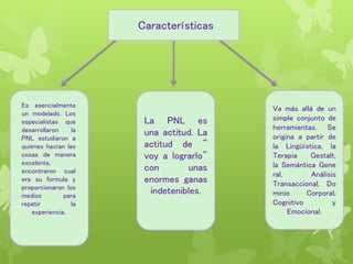 Características
Es esencialmente
un modelado. Los
especialistas que
desarrollaron la
PNL estudiaron a
quienes hacían las
cosas de manera
excelente,
encontraron cual
era su formula y
proporcionaron los
medios para
repetir la
experiencia.
La PNL es
una actitud. La
actitud de "
voy a lograrlo"
con unas
enormes ganas
indetenibles.
Va más allá de un
simple conjunto de
herramientas. Se
origina a partir de
la Lingüística, la
Terapia Gestalt,
la Semántica Gene
ral, Análisis
Transaccional, Do
minio Corporal,
Cognitivo y
Emocional.
 