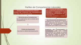 Perfiles de Competencias Laborales
Unidad de competencia Laboral

Campo de Aplicación

Elementos de la Competencias

Son condiciones opcionales ni con
ejemplos,
debende
estar
claramentes desagregado en la
especificación
de
materiales, contextos y ambientes
que lo conforman.

Son los elementos de la unidad de la
competencias.

Las evaluaciones del desempeño

Unidad de conjuntos de competencias
que dan valor ocupacional.

Establecen los productos o hechos
cuya presencia es necesaria para
deducir la competencia
del
trabajador que realizo el producto o
Criterio de Desempeño
Describe la calidad del desempeño,

Evidencia
de
Conocimiento
y
Comprensión
Es
la
norma
especializada en donde se puede
obtener por mecanismos como son
las peguntas orales o escritas o
aplicación de pruebas objetivas

 