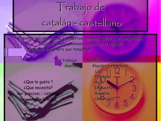 Trabajo de  catalán - castellano Si somos nuestra mama, y nosotros tenemos que ir a un cumpleaños, ¿Cuánto dinero podemos gastar en el regalo? Depende del dinero que tengamos  . Del trabajo.  Nomina  -Gastos.  Alquiler o Hipoteca  Luz Teléfono Agua Impuestos Gasolina Comunidad ¿Que le gusta ? ¿Que necesita? Ver precios  catalogo Depende de la edad. 