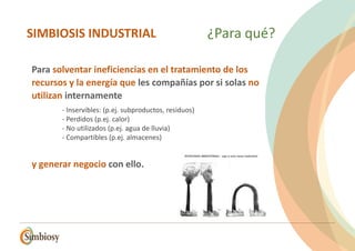 ¿Para qué?
Para solventar ineficiencias en el tratamiento de los
recursos y la energía que les compañías por si solas no
utilizan internamente
- Inservibles: (p.ej. subproductos, residuos)
- Perdidos (p.ej. calor)
- No utilizados (p.ej. agua de lluvia)
- Compartibles (p.ej. almacenes)
y generar negocio con ello.
SIMBIOSIS INDUSTRIAL
 