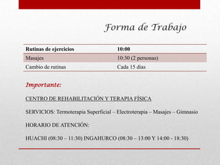 Forma de Trabajo

Rutinas de ejercicios                 10:00
Masajes                               10:30 (2 personas)
Cambio de rutinas                     Cada 15 días


Importante:

CENTRO DE REHABILITACIÓN Y TERAPIA FÍSICA

SERVICIOS: Termoterapia Superficial – Electroterapia – Masajes – Gimnasio

HORARIO DE ATENCIÓN:

HUACHI (08:30 – 11:30) INGAHURCO (08:30 – 13:00 Y 14:00 - 18:30)
 