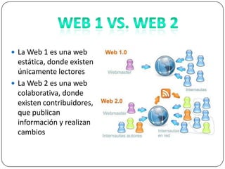  La Web 1 es una web
  estática, donde existen
  únicamente lectores
 La Web 2 es una web
  colaborativa, donde
  existen contribuidores,
  que publican
  información y realizan
  cambios
 